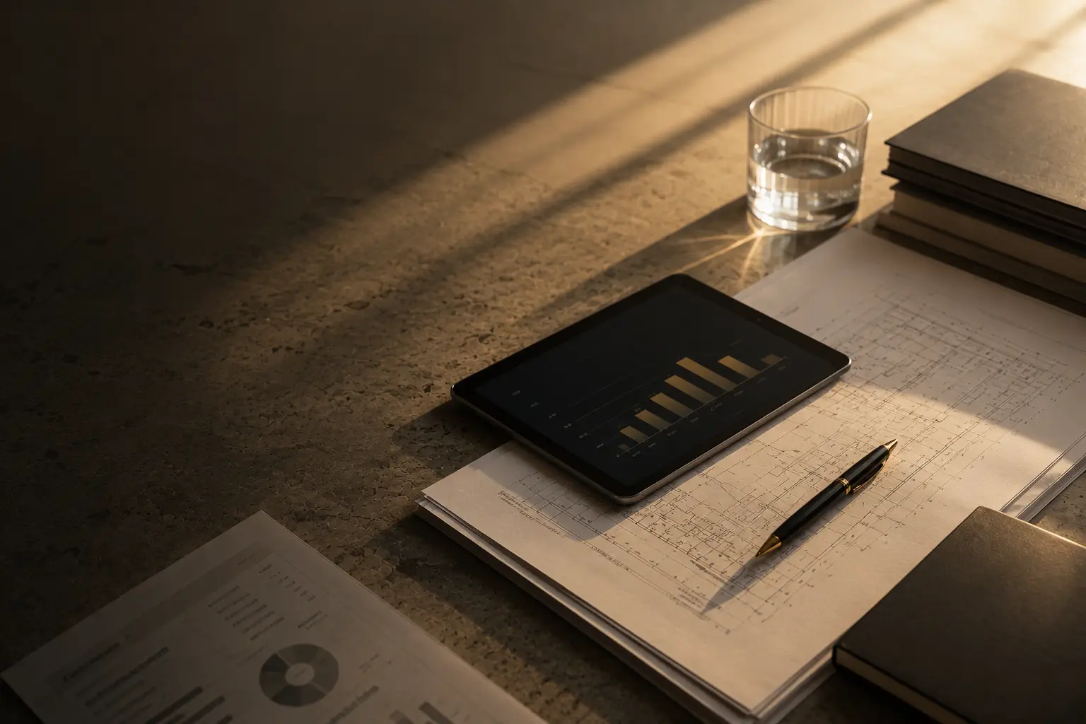 Schreibtisch mit Tablet, Finanzdiagramm und Unterlagen im warmen Naturlicht